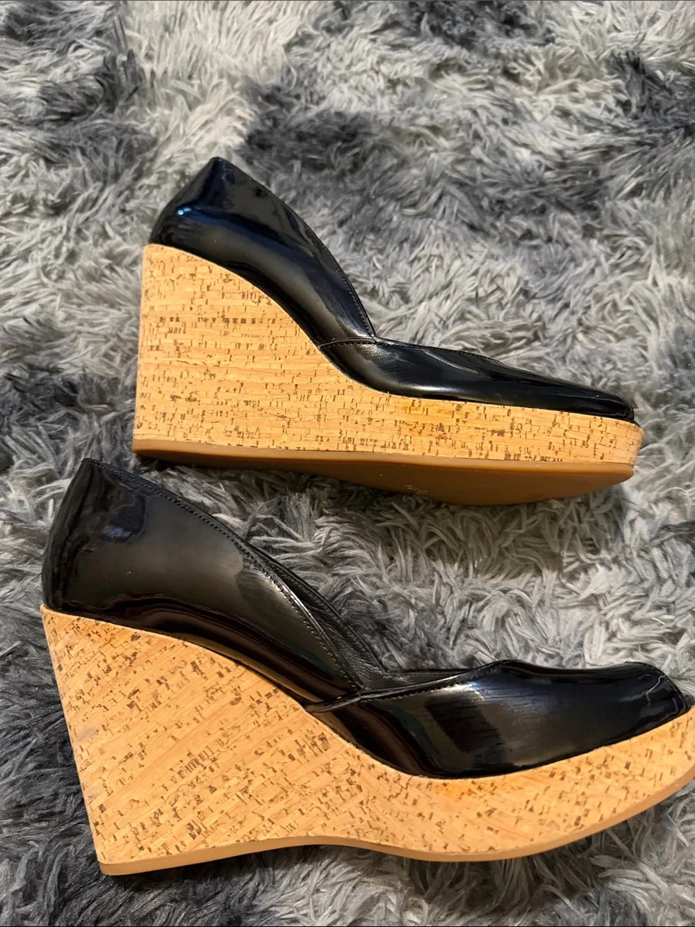 Via Spiga Black Patent Cork Wedge Pumps
